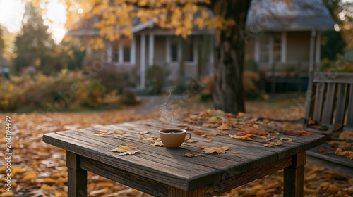 Cozy Autumn Morning with Steaming Coffee Cup on Wooden Table in Yard