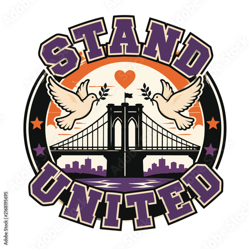 Stand United Peace Bridge Badge Design with Doves and City Skyline Illustration