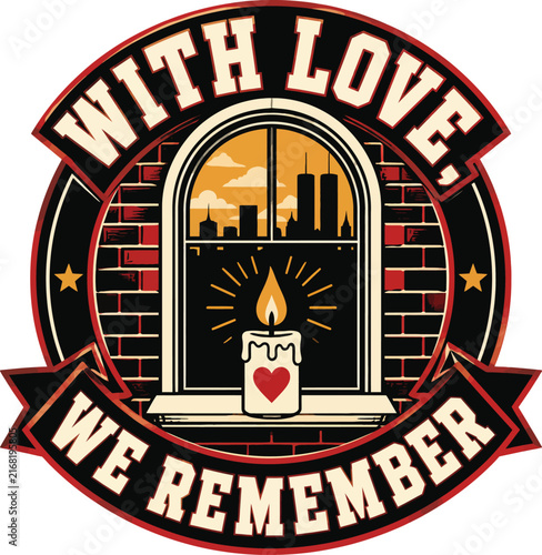 With Love We Remember Memorial Badge Design with Candle and City Window Illustration