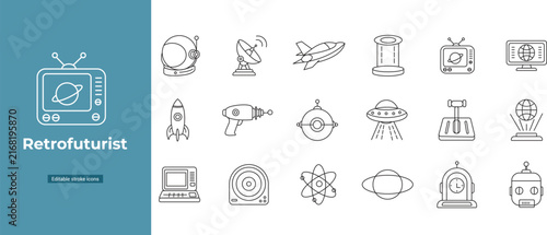 Set of retrofuturist line featuring space travel, sci-fi technology, and vintage electronics