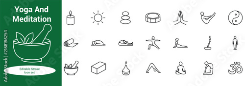 Set of yoga and meditation line featuring poses, wellness and spiritual symbols on a dark green background