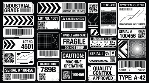 Industrial, label, barcode, QR, tag, packaging, warning, fragile, caution, serial, batch, code, quality, control, vector, illustration,