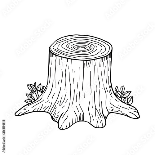 Simple Tree Stump Line Art Illustration with Leaves/ Hand Drawn Tree Stump Outline Isolated on White/ tree stump clip art