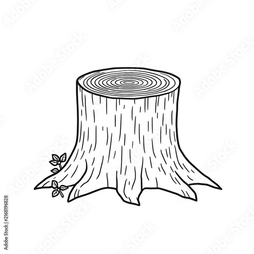 Simple black line art illustration of a tree stump with visible growth rings, roots, and small leaves isolated on a white background