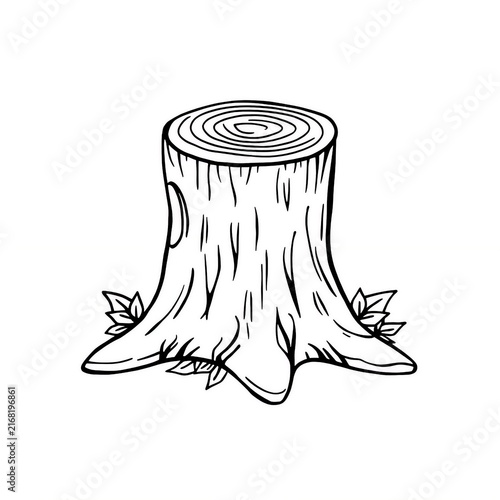 Simple Tree Stump Line Art Illustration with Leaves/ Hand Drawn Tree Stump Outline Isolated on White/ tree stump clip art