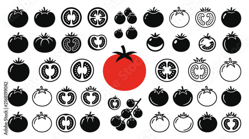 Black and red tomato icon collection in various styles.