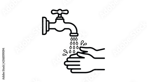 Minimalist outline illustration showing person washing hands under a running water faucet on white background for health hygiene awareness and daily sanitation care visual design