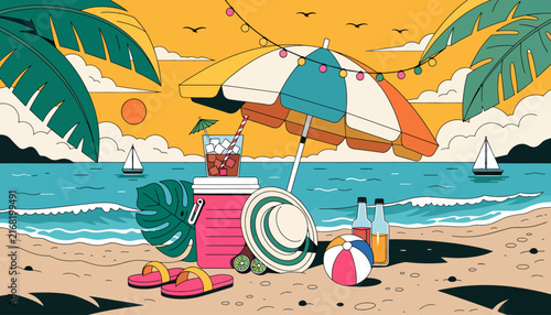 Beach vacation concept with cooler, umbrella, and tropical accessories