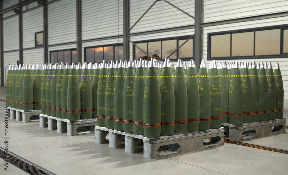 Fototapeta premium 155 mm artillery shells on crates.3D rendering.