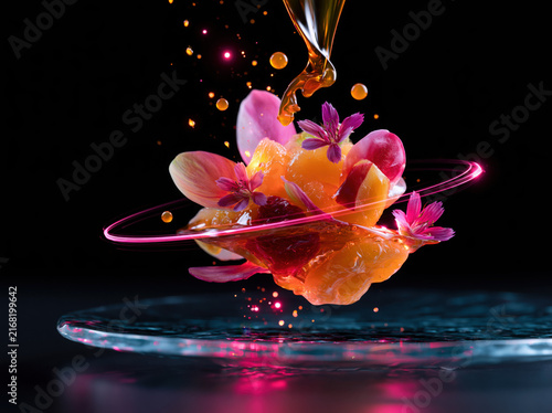 An anti-gravity dessert floating above a crystal plate, colorful fruit petals orbiting around it, liquid caramel suspended in mid-air, glowing edible flowers, ultra-realistic gourmet photography
