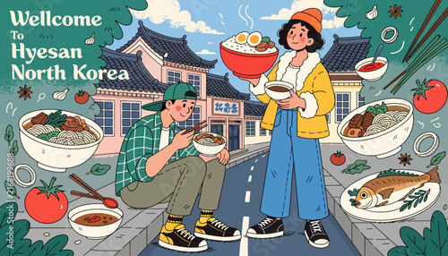 Illustration of people eating on the street in North Korea