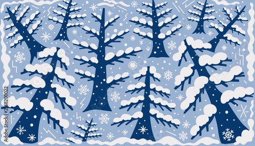 winter snow forest, snowflakes and trees, cold landscape