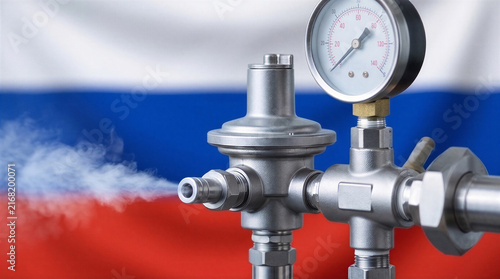 Industrial Pipeline Valve and Pressure Gauge with Russian Flag Background