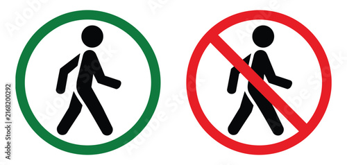 Man Walk and Don't Walk Icon Set with Pedestrian Movement, Walking Human Figure and No Pedestrian Sign Symbols