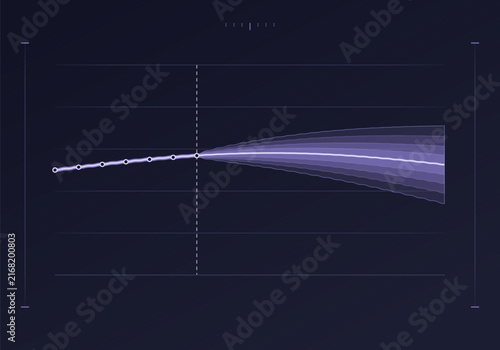 Obraz na plátne Fan chart forecast cone with widening uncertainty bands on dark background