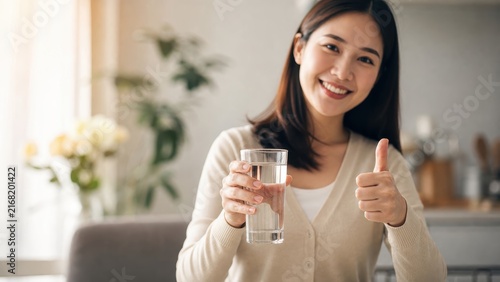 Happy woman showing glass of water and thumbs up, promoting daily hydration at home