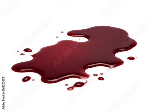 Quadro su tela Realistic photograph of a fresh, dark red liquid spill with small droplets on a transparent background for design