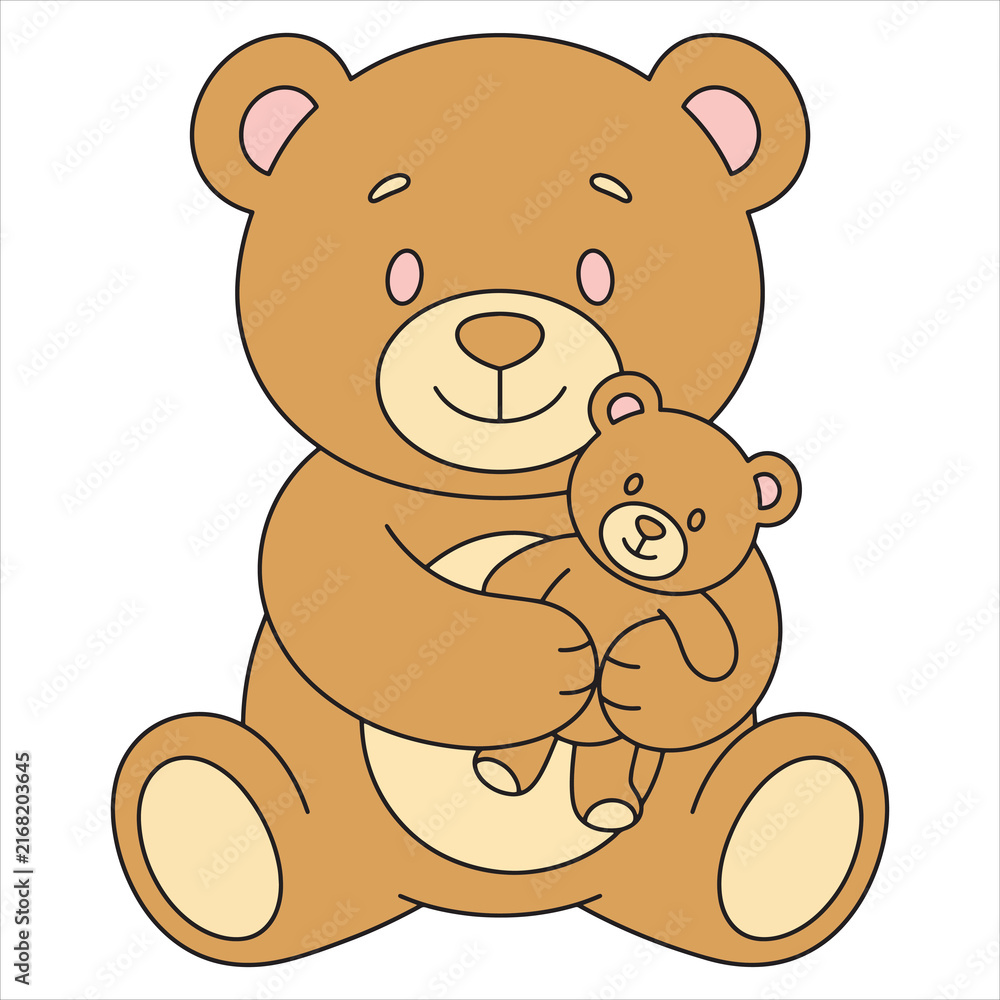 Fototapeta premium Cute Teddy Bear Holding Small Baby Bear Toy Vector Illustration Isolated on White Background