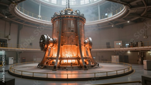 A massive nuclear fusion reactor core emits intense orange light inside a circular industrial facility with elevated walkways and safety railings.