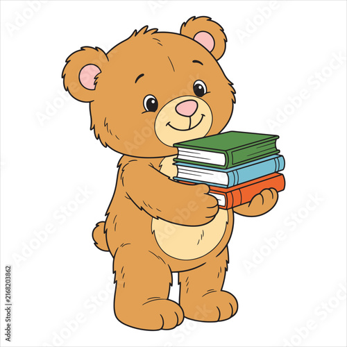 Cute Teddy Bear Carrying Stack of Books Vector Illustration Isolated on White Background