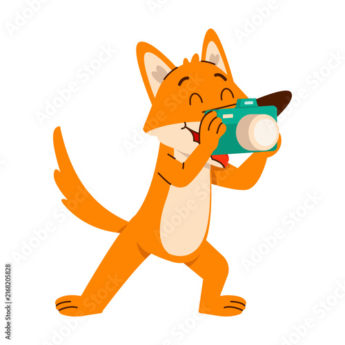 A cheerful orange fox holds a teal camera up to its face, posing as if taking a photo in a lively and playful cartoon illustration 