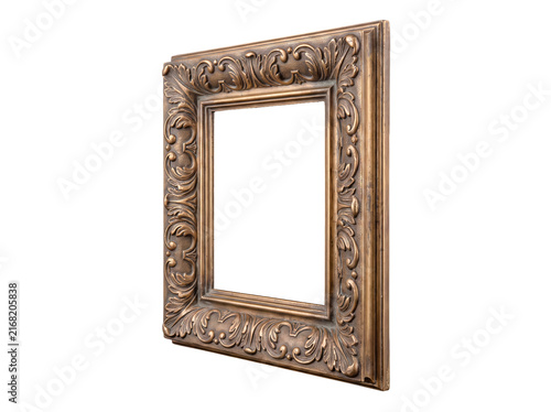 Antique bronze-toned square picture frame with intricate carvings, shown from a side angle on a transparent background.