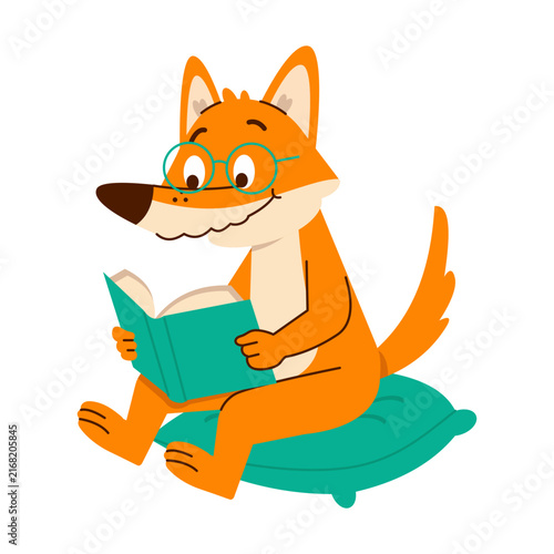 A relaxed orange fox sits on a teal cushion reading an open book, wearing round glasses in a calm and playful cartoon illustration 