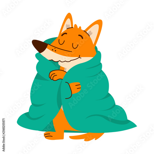 A cozy orange fox sits wrapped in a large teal blanket with eyes closed, showing a warm resting pose in a playful cartoon illustration 