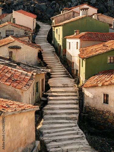 Narrow concrete stairway winding between old low houses in hillside neighborhood alley