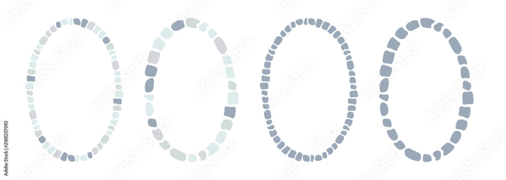 Fototapeta premium Blue antique stone mosaic oval frame set. Decorative Greek style round border. Abstract brick mosaic frame. Rome rock ellipse border. Design element. Vector illustration isolated on white background.