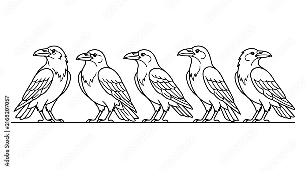 Naklejka premium Illustrated raven birds standing side by side in line art