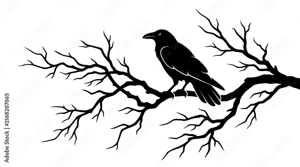 Naklejka premium Raven perched on bare tree branch silhouette set
