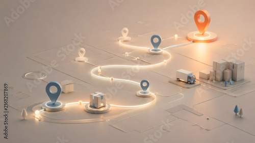 Isometric Delivery Route Map With Waypoint Location Pins And Warehouse