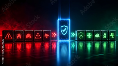 Glowing Digital Security Firewall Shield Filtering Hazards Into Safe Work Protocols
