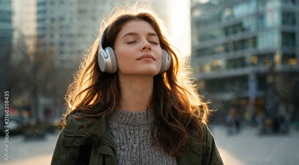 Fototapeta premium Young woman listens to music while enjoying a sunny day in the city center with buildings in the background