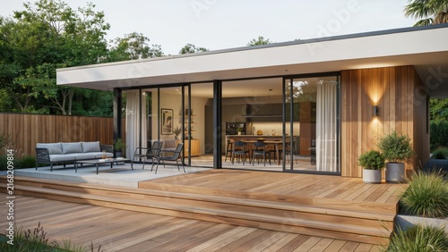 Modern luxury home exterior with wood cladding and large glass sliding doors onto a terrace. Perfect for architectural design and high-end real estate marketing concepts.