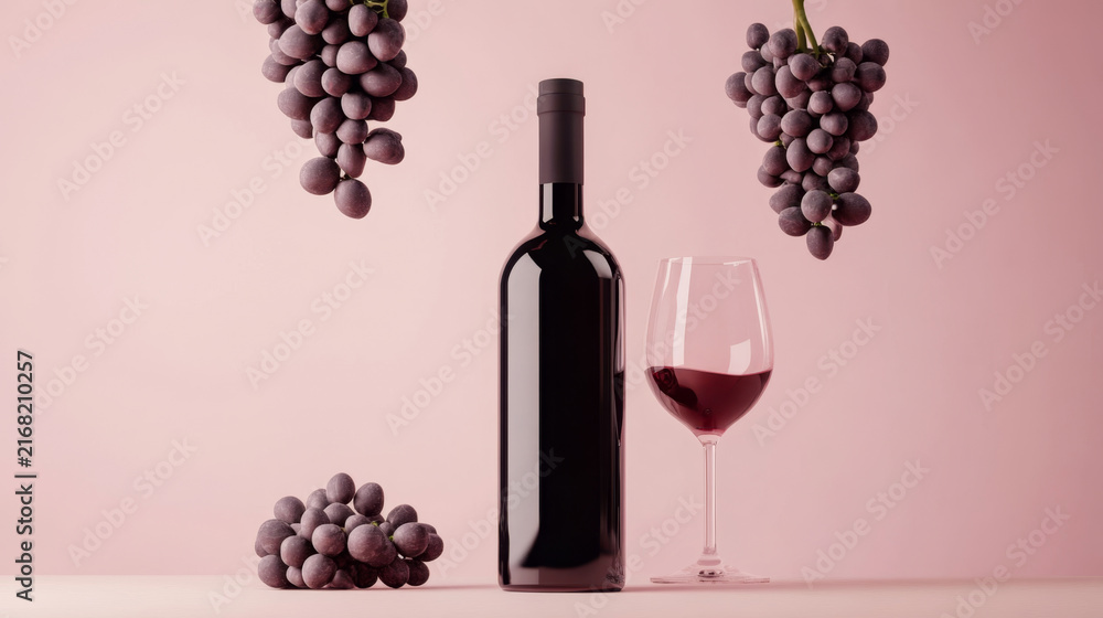 Fototapeta premium Elegant Wine Bottle and Glass with Grapes on Colorful Background