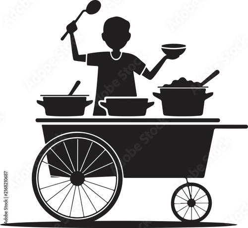 Street food vendor silhouette serving delicious hot meals from a traditional cart in the city