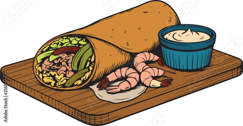 Fresh delicious shrimp burrito served on a wooden board with tasty creamy dipping sauce for dinner