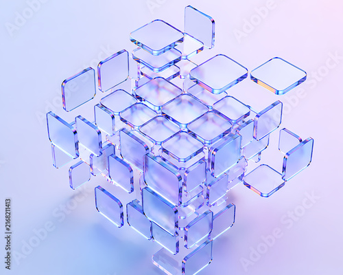Fotografie Abstract 3D render of a translucent glass cube composed of many smaller square p