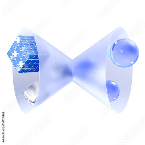фотографія Opposing translucent funnels containing geometric shapes and glass spheres, representing bidirectional data transformation, information exchange, conversion, and system integration