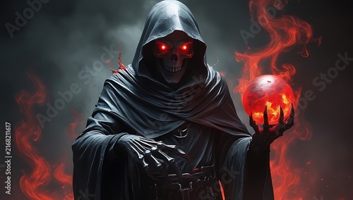 Dark hooded figure with glowing red eyes and magic fire illustration