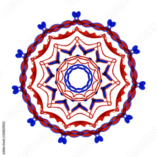 Pattern in blue and red colors forms a geometric circular frame against a transparent background.