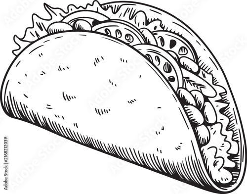 Traditional mexican taco sketch showing crispy shell filled with fresh salad vegetables and beans for lunch