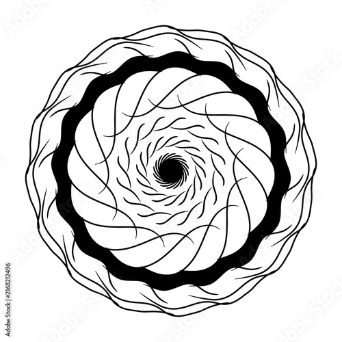 Mandala pattern with black swirling lines creates a circular design on a transparent background.