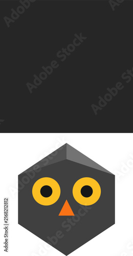 Minimalist flat design owl head with circular yellow eyes and orange beak on white illustration