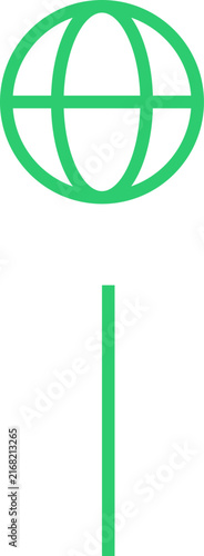 Minimalist green globe grid icon on a vertical stem over a clean white background illustration