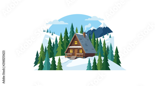 Cozy A-frame wooden cabin in a snowy winter forest landscape