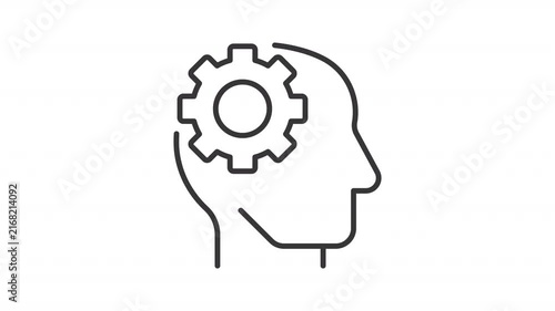 Animated cogwheel in human head outline icon. Cognition process animation. Mental processes improvement. Learning new information. Flat line motion graphic loop on transparent white