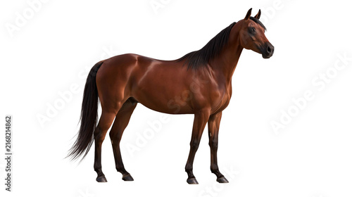 Full Body Side View Of A Brown Horse Standing Isolated On White Background With Detailed Textures